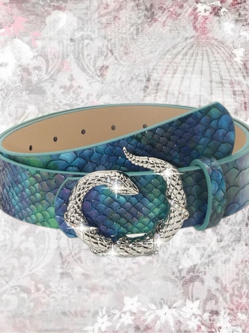 Leather Snake-Scale Belt with Silver Serpent Buckle - Teal/Blue